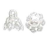 100 Plated Brass Bell Bead End Charm Caps with Loop & 7 Filigree Prong Legs (Silver)