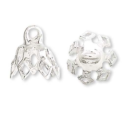 100 Plated Brass Bell Bead End Charm Caps with Loop & 7 Filigree Prong Legs (Silver)