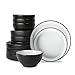 Christian Siriano Larosso 12-Piece Stoneware Dinnerware Set with Dinner Bowls and Pasta Bowls, Plates and Bowls Set, Dish Set for 4, Black