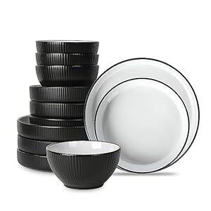 Christian Siriano Larosso 12-Piece Stoneware Dinnerware Set with Dinner Bowls and Pasta Bowls, Plates and Bowls Set, Dish Set for 4, Black