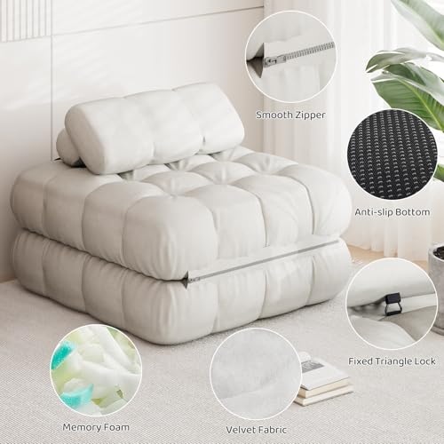 DSNAPE 3-in-1 Folding Futon Sofa Bed, 35.4" Convertible Sleeper Chair Bed with Pillow, Portable Fold Out Boneless Couch Lounge, Comfy Velvet Floor Mattress for Living Room Bedroom - White, Single - Image 4