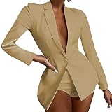  ORANDESIGNE Tailleur Femme 2 Pièces Elegant Couleur Unie Slim Fit Blazer Veste Formel Bureau Travail Pantalon Costumes Revers Manteau Ensemble Veste + Short D Kaki M