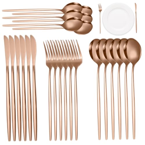 Rose Gold Silverware Set, 24 Pieces Stainless Steel Fork and Spoon Set, Cutlery Include Knife Fork Spoon Teaspoon, Easy Clean Flatware and