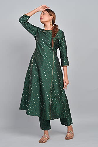 Image of Riara Art Silk Women Long Anarkali Kurti with Pant Polka Dot A-line Ladies Ethnic Wear Dress
