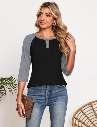 Halife Women's Casual 3/4 Sleeve T Shirts Button V Neck Tunic Blouses Color Block Basic Tee Tops Loose Fit Summer Shirt4