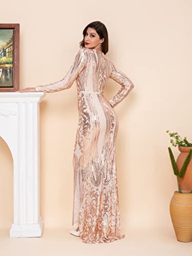 Women Evening Dress Sequin Long Sleeve Mermaid Crew Neck Cocktail Dress2