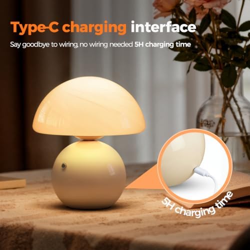 NIORSUN Mushroom Lamp Table Lamp for Bedroom, Portables Cordless Table Lamp,Wireless lamp,Small Bedside Table Touch Lamps for Living Room,Mushroom 5200mAh Battery Operated Lamp Modern Marble Cream — view 2