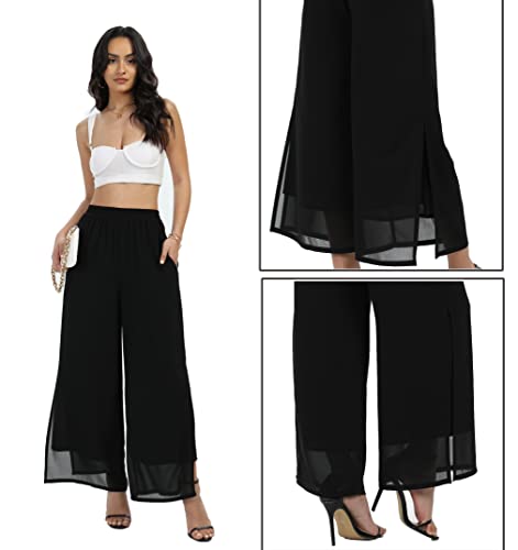 Women's Wide Leg Chiffon Dress Palazzo Pants Casual Split Hem Summer Trousers Party Club Pant2
