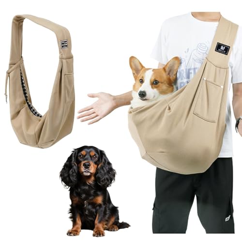 Lifetips キャバリア・キング・チャールズ・スパニエル ペットスリング 犬猫兼用 ショルダーキャリー 軽量 通気 洗える 調節可能 クッション付き 収納ポケット 斜め掛け アウトドア 11色展開 小型犬 中型犬 ペット用キャリーバッグ (ベージュ)