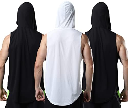 ROGUDUA Men's Hooded Tank Top Quick Dry Muscle Gym Shirts Workout Sleeveless Hoodie 3 Pack Black Black White US Size XXL