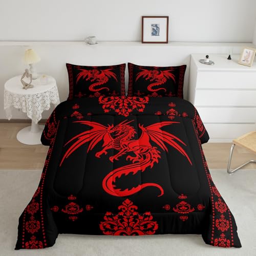 Image of Feelyou Dragon Bedding Set Kids Boys Teens Gothic Damask Paisley Floral Comforter Set King Size Women Bohemian Exotic Duvet Insert Animal Theme Room Decor,Red Black