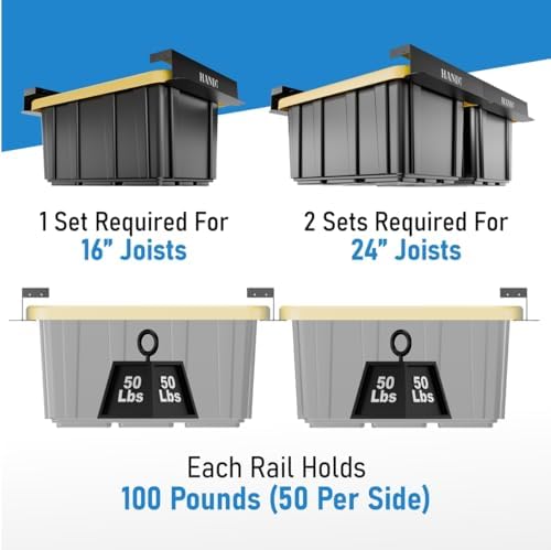 HANDT Overhead Garage Storage Rack, Connectable Heavy Duty Metal Ceiling Rails For Garage Storage Organization Shelving System (Black, 6 Bins) - 4