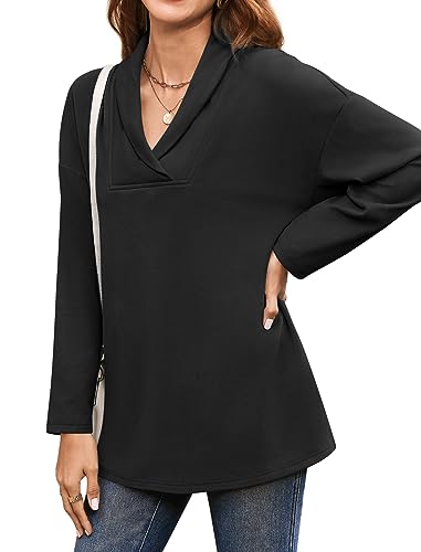 Image of Women's Long Sleeve Tops Fall Shawl Neck Tunic Tops for Leggings Casual Blouse Sweatshirt