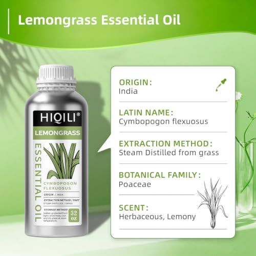 Image of HIQILI Lemongrass Essential Oil Large Capacity for Body Massage | Crisp Herb Scent for Diffuser, DIY Blends, SPA, Scent Spray, Skin Blends, Shampoo & Lotion - 1000 mL / 32 fl oz