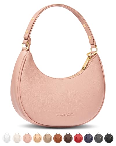 Vantamo Half Moon Bag for Women - Faux Leather with Anti Theft RFID Protection & Adjustable Shoulder Strap - with Gold Zippers & Anti Pickpocket Clip - Everyday Moon Shaped Purse