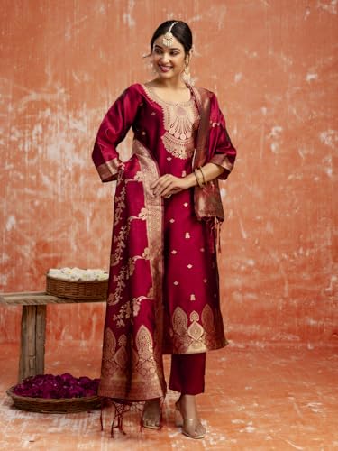 Image of VredeVogel Women's Cotton Silk Blend Zari Work Kurta Pant Set with Jacquard Silk Dupatta | Modern & Traditional Blend Ethnic Wear Set
