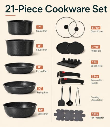 Image of Ceramic Cookware Set, 21 Pcs Pots and Pans Set Nonstick with Detachable Handles, Stackable Granite-Style Induction Cookware for RV Camping Kitchen, Dishwasher & Oven Safe, Black