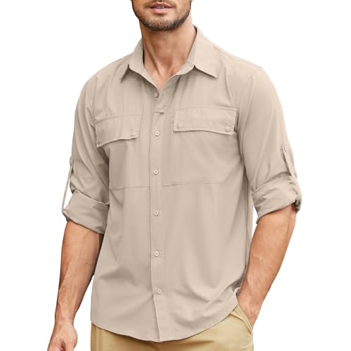Mens Long Sleeve Sun Protection Shirt UPF 50 UV Quick Dry Cooling Outdoor Fishing Hiking Travel Safari Shirts 5060Light Khaki-XL