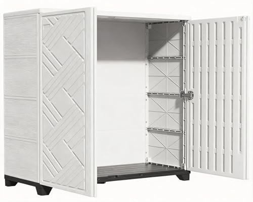 Image of KINYING Outdoor Storage Cabinet Waterproof, 60 Gallon Resin Outdoor Storage Shed for Patio /Garden /Backyard, Outdoor Storage Box for Cushions,Garden Tools and Pool Supplies(White W /O Shelving)