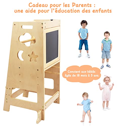 Foto von OUNUO Montessori Lernturm für Kinder, Babyturm mit 2 wiederbeschreibbaren Tafeln, Küchenhilfe, 3 höhenverstellbare Sicherheitsstangen, kippsichere Füße, Holz