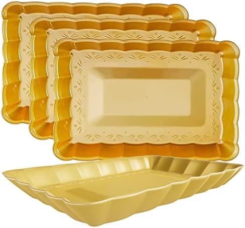 Yumchikel Hard Plastic Serving Tray Set, Gold Serving Trays in Scalloped Design, Serving Platters and Trays for Parties, Weddings, Engagements, Disposable Trays for Cakes & Deserts, 9" x 13", 4 Pack