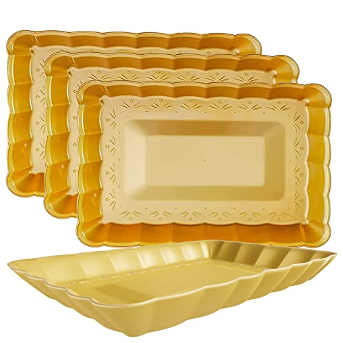 Yumchikel Hard Plastic Serving Tray Set, Gold Serving Trays In Scalloped Design, Serving Platters And Trays For Parties, Weddings, Engagements, Disposable Trays For Cakes & Deserts, 9" X 13", 4 Pack #TOP5