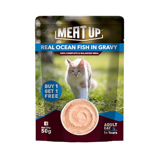 Image of Meat Up Adult Cat Wet Food 16 Pouches x 50g, Total 800g | Real Ocean Fish in Gravy | Supports Heart & Vision | Strong Bones & Teeth | Natural Flavors | Organic Minerals