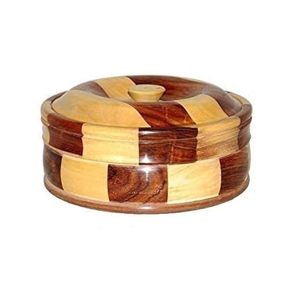 The Heaven Essentials Unique Handicraft Wooden Striped Roti Box Casserole Set Chapati Box Container for Kitchen