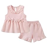 Toddler Girl Summer Outfits Sleeveless Ruffle Collar Bow Tank Tops+Elastic Waist Shorts 2pcs Cute Trendy Clothes Set Casual Holiday Vacation Beach Clothing Sets, Pink, Size 5-6 Years