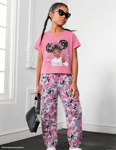 Image of mksodop Girls Outfit Set Graphic T Shirt and Camo Jogger Pants Cute Casual Clothes for Girls 5-16 Years