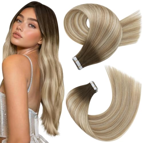 Moresoo Brown Blonde Tape in Hair Extensions Human Hair 18in 20Pcs 50g