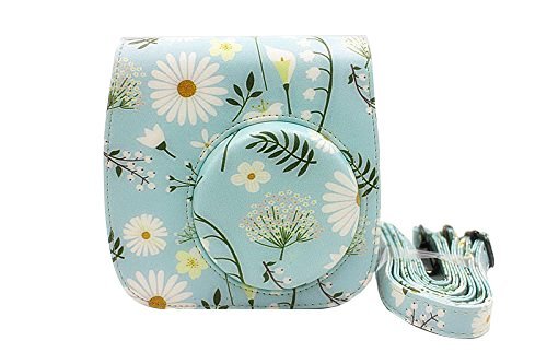 PU Leather Single shoulder Camera Case with adjustable Shoulder Strap for Fujifilm Instax Mini 9/8/8+ Mini 9 Instant camera Casse- Blue (Chrysanthemum)
