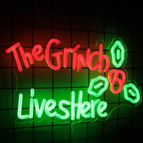 Image of The Grinch Live Here Neon Merry Christmas Neon Sign for Wall Decor Party Christmas Led Sign Window Decorations Winter Xmas Decor Wall Front Door Indoor Outdoor Decor