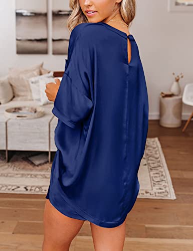Swomog Womens Silk Satin Pajamas Set Loose Short Sleeve Top And Shorts Two-Piece Pjs Casual Sleepwear Navy Blue #TOP4