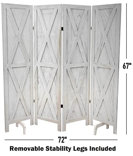 Image of Premium Home 4-Panel Room Divider - Rustic White Barn Door, X Pattern Folding Privacy Screen, Partition Wall
