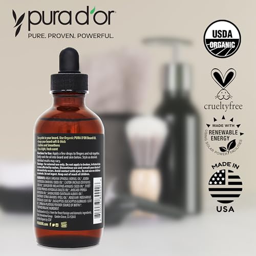 PURA D'OR 4 Oz Thickening Beard Oil &ndash; Moisturizing Blend with Rosemary, Biotin & Castor Oil &ndash; Increases Moisture, Thickness and Shine - Reduces Dryness and Breakage
