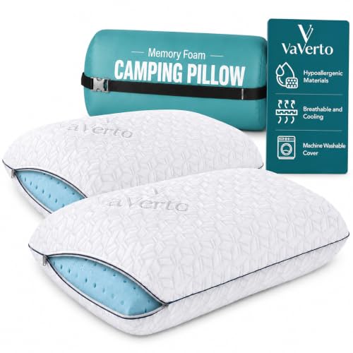 Image of Vaverto Small Memory Foam Bed Pillow for Camping - 2 Pack -Compressible Medium Firm, Breathable Cover, Machine Washable, Ideal Backpacking