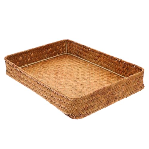 GRIRIW Braided Fruit Bowl Countertop Tray Woven Storage Bin Rectangular Woven Basket Rattan Bin with Handle Hand- Woven Rattan Tray Kitchen Fruit Tray Rattan Storage Basket Grass Khaki