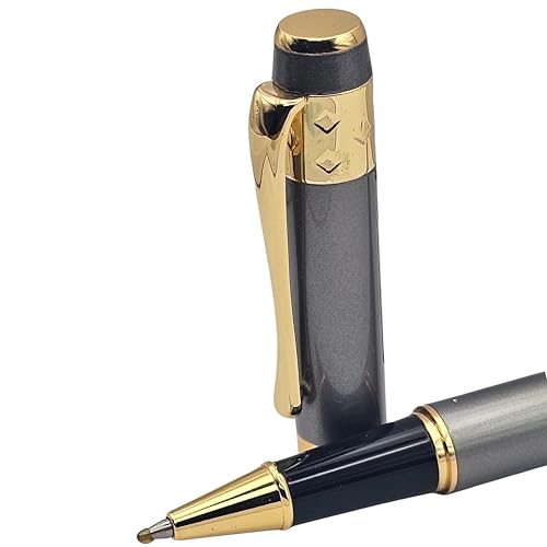 Image of Venti Gold Trim Roller Ball Pen| Black Body Color | Ink Color - Black| Novel Gifts For Professionals | Premium Pens For Personal & Professional Use | Return Gift | (5116-Grey, Roller)