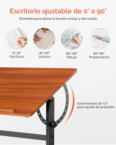 Miniatura 4 de Vevor Mesa De Dibujo, Mesa De Artista Portátil De 60 X 90 X 91 Cm Con Estructura En H Negra Y Escritorio Marrón, Ajustable De 0 A 90 , Escritorio De Madera Para Pintura, Lectura, Escritura