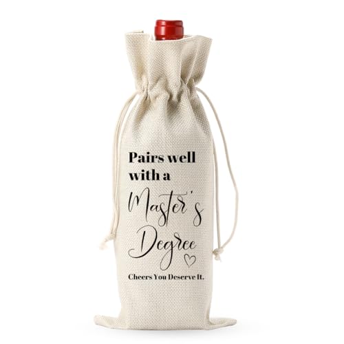 Presentes de formatura de mestrado, presentes de formatura de mestrado, bolsa de vinho, presente de formatura para amigos, pares bem com um mestrado reutilizável de serapilheira bolsa de cobertura de