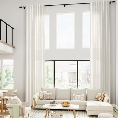 Image of Cream Linen Curtains 168 Inches Long for Living Room Extra Long Back Tab Curtains Neutral Farmhouse Light Filtering Semi Sheer Linen Drapes Ceiling to Floor for Large Window 2 Panels Set 52x168