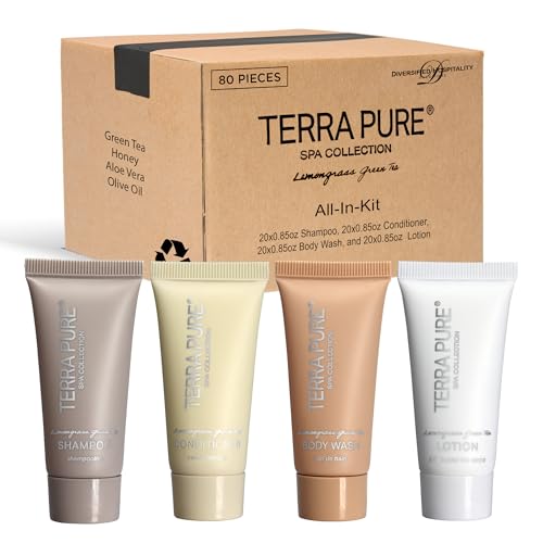 Terra Pure Spa Collection Bulk Set Toiletries | 1-Shoppe Amenities Kit for Hotels & Vacation Rentals | 0.85 oz Shampoo, Conditioner, Body Wash & Lotion | 80 Pieces