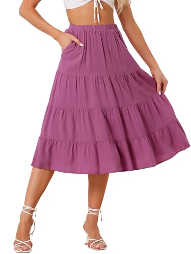 Jupe midi évasée plissée bohème solide à taille élastique pour femme active