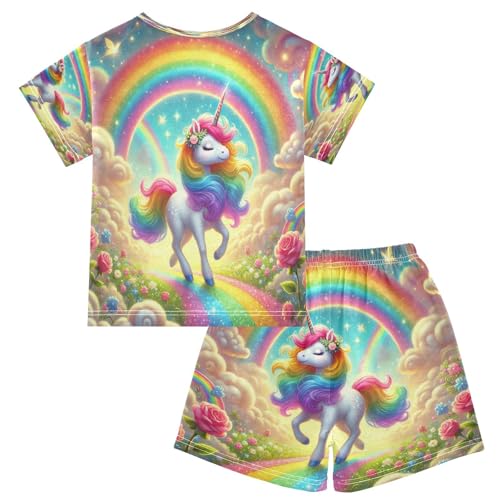 Unicorns Rainbow Pajama Set Short Sleeve Summer Pajamas Sleepwear Nightwear Set Cotton 5Y2