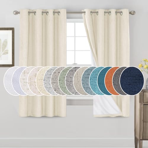 Image of PrinceDeco Blackout Curtains 100% Blackout Linen Textured Curtains for Bedroom Solid Thermal Insulated with White Liner Grommet Room Darkening Curtains & Drapes, Set of 2, 52 inch W x 63 inch, Bleached Sand