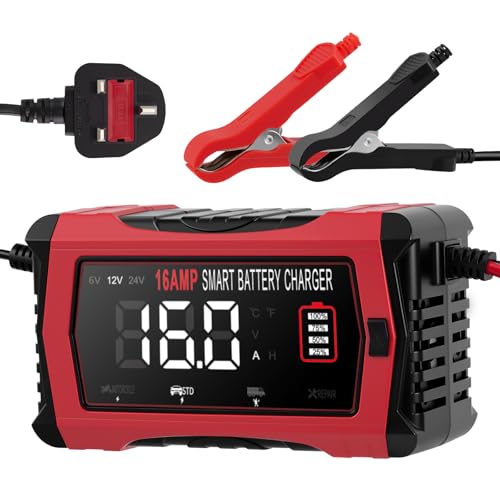 Car Battery Charger 6V 12V 24V for Car Motorcycle Boat,16A Automatic Smart Charger Maintainer for Lithium LiFePO4 and Acid Batteries with Pulse Repair Technology,Trickle Charger for Car Battery