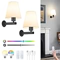 Battery Operated Wall Sconce Set of Two, Black Wireless Sconces Wall Lighting with Fabric, Battery Sconces Wall Decor with Remote Control, Dimmable Wall Light for Bedroom Living Room, Bulb Included