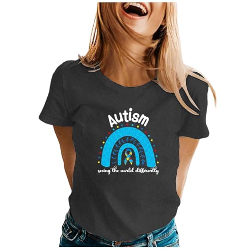 Camiseta básica de manga corta con cuello redondo y estampado de primavera y verano para mujer, gris oscuro, L