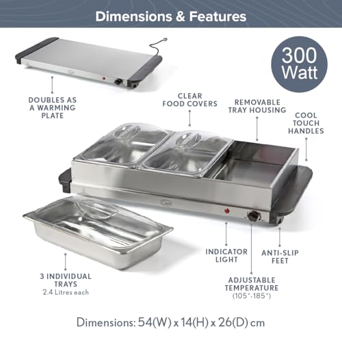 Quest 16510 Large Buffet Server and Warming Tray / 3 x 2.4L Trays / 300W / Rapid Heating/Adjustable Thermostat/Lids Included